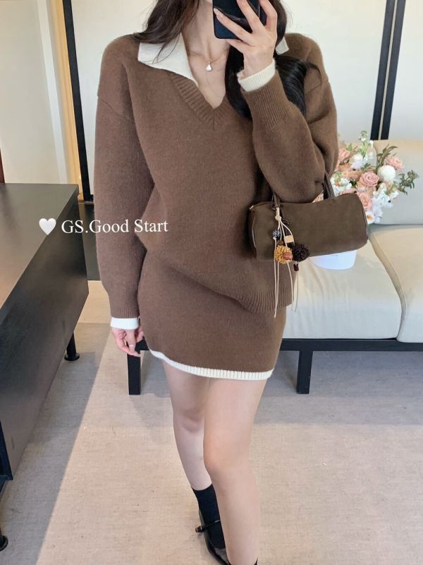 學院風撞色氣質針織衫+半身裙兩件套套裝-5色 學院風撞色氣質針織衫+半身裙兩件套套裝-5色