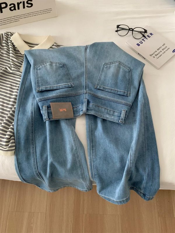 設計感拼接闊腿彎刀褲高腰顯瘦牛仔 設計感拼接闊腿彎刀褲高腰顯瘦牛仔