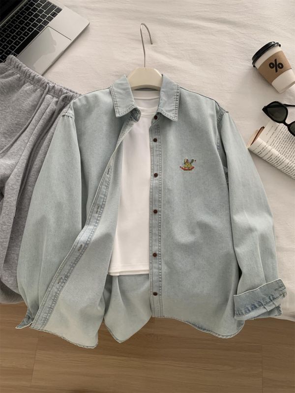 清新文藝紗 復古淺藍小馬刺繡翻領襯衫上衣 清新文藝紗 復古淺藍小馬刺繡翻領襯衫上衣