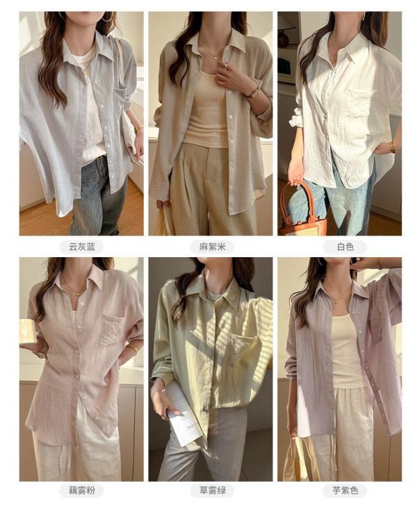 亞麻夏季防曬氣質純色襯衫上衣-6色 亞麻夏季防曬氣質純色襯衫上衣-6色