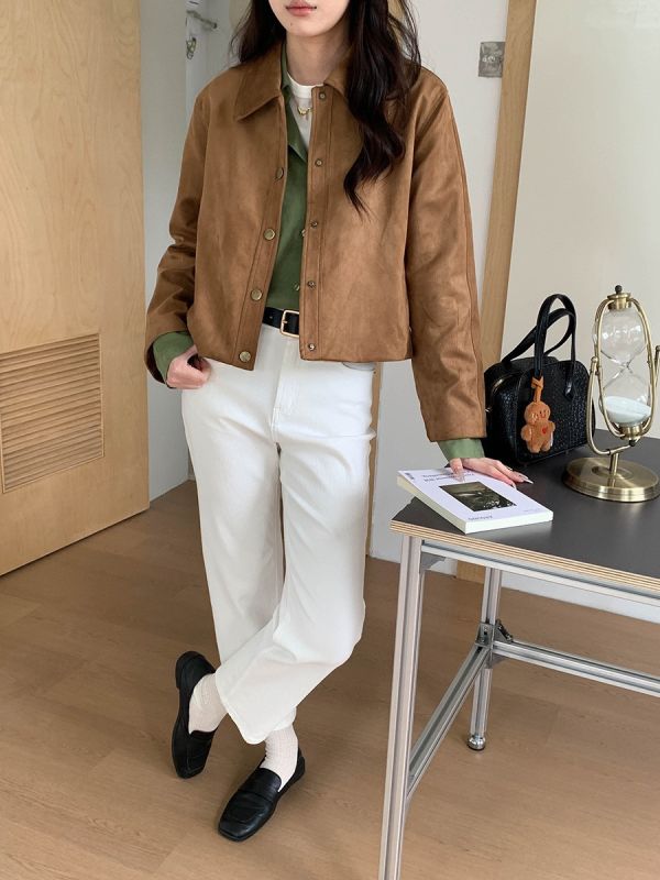 復古仿麂皮絨翻領顯瘦短款外套 復古仿麂皮絨翻領顯瘦短款外套