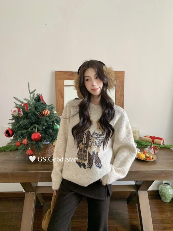 寬鬆小熊圖案 慵懶風保暖毛衣-3色 寬鬆小熊圖案 慵懶風保暖毛衣-3色