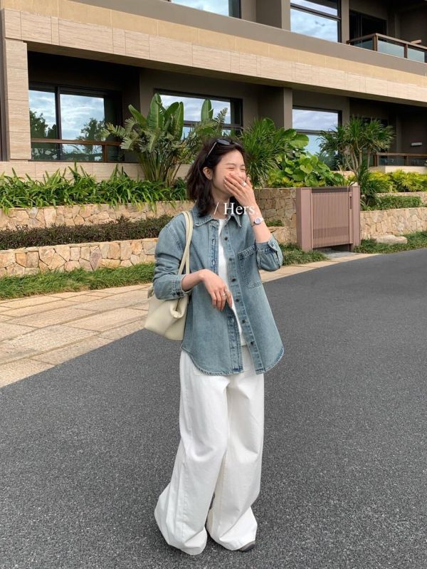 超好看刷色～休閒復古水洗正肩牛仔襯衫 超好看刷色～休閒復古水洗正肩牛仔襯衫