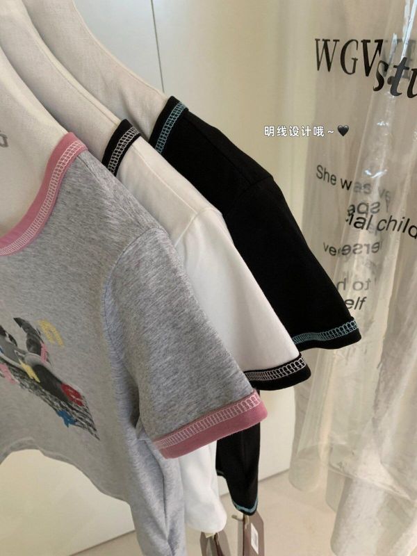 復古童趣圖案字母印花撞色拼邊正肩tee-3色 復古童趣圖案字母印花撞色拼邊正肩tee-3色