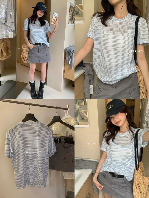 圓領舒適簡約細條紋寬鬆T-2色 圓領舒適簡約細條紋寬鬆T-2色