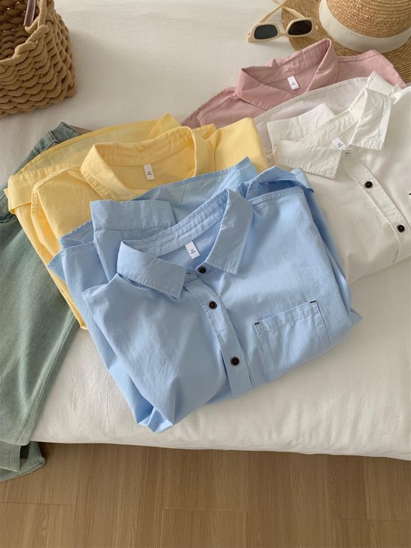 多巴胺彩色翻領水洗棉防曬襯衫上衣-4色 多巴胺彩色翻領水洗棉防曬襯衫上衣-4色