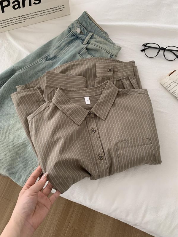 文藝小清新豎條紋單穿疊穿襯衫上衣-2色 文藝小清新豎條紋單穿疊穿襯衫上衣-2色