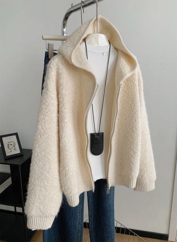 溫柔米白色羊毛圈圈紗連帽鬆弛感針織外套 溫柔米白色羊毛圈圈紗連帽鬆弛感針織外套
