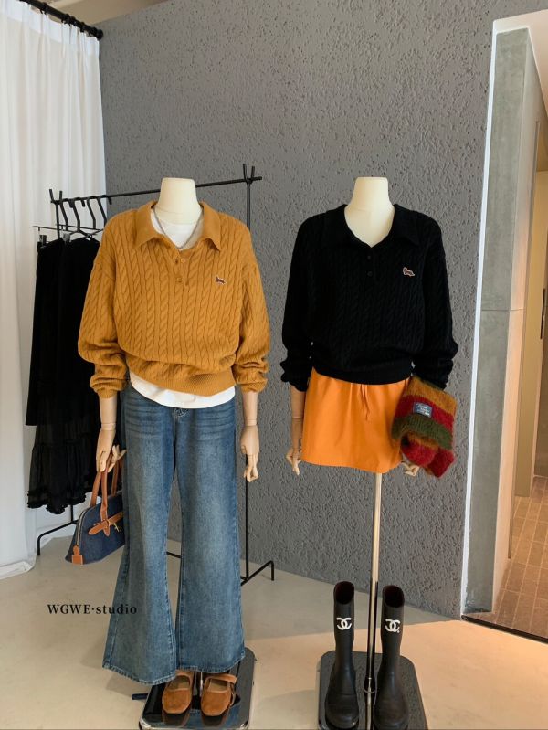 臘腸狗刺繡粗麻花百搭polo領針織毛衣-3色 臘腸狗刺繡粗麻花百搭polo領針織毛衣-3色