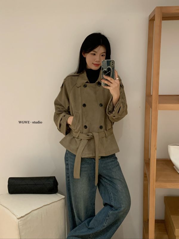 美式復古麂皮絨雙排扣綁帶翻領外套 美式復古麂皮絨雙排扣綁帶翻領外套