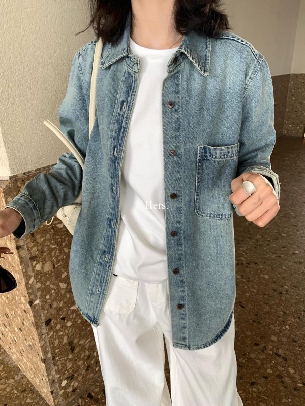 超好看刷色～休閒復古水洗正肩牛仔襯衫 超好看刷色～休閒復古水洗正肩牛仔襯衫