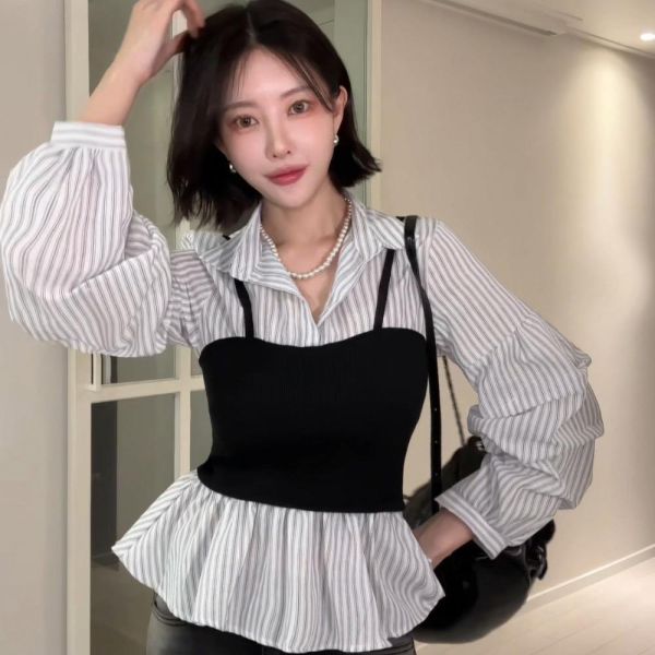 Korea 假兩件吊帶條紋襯衫上衣-2色 Korea 假兩件吊帶條紋襯衫上衣-2色