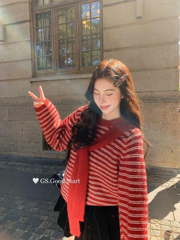 韓系條紋撞色針織衫（配披肩）-3色 韓系條紋撞色針織衫（配披肩）-3色