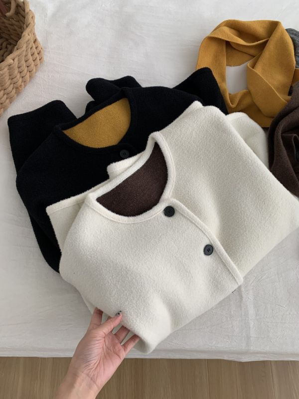 設計感洋氣復古韓國絨圓領鈕扣 真兩件雙面絨開衫外套-2色 設計感洋氣復古韓國絨圓領鈕扣 真兩件雙面絨開衫外套-2色