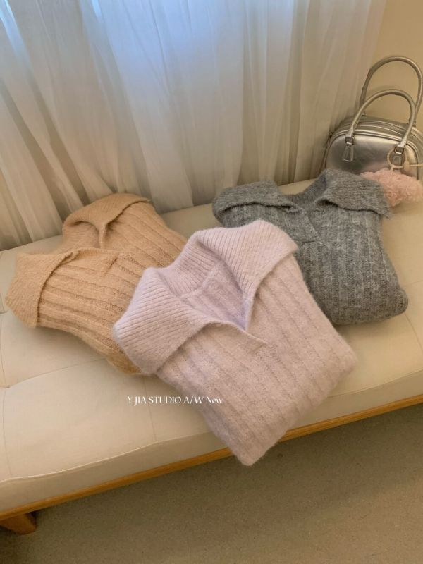 韓系慵懶風翻領針織毛衣+高腰休閒短褲-3色 韓系慵懶風翻領針織毛衣+高腰休閒短褲-3色