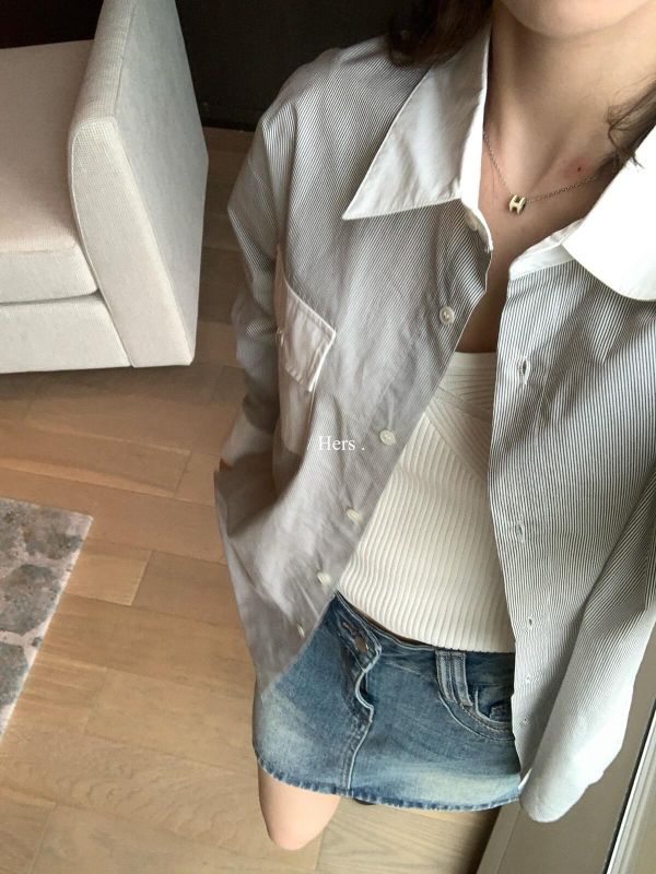 日常簡約高知細條紋口袋襯衫上衣-3色 日常簡約高知細條紋口袋襯衫上衣-3色