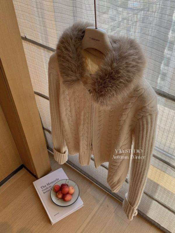 韓系氛圍感麻花雙拉鏈氣質毛衣外套（毛領可拆）-4色 韓系氛圍感麻花雙拉鏈氣質毛衣外套（毛領可拆）-4色