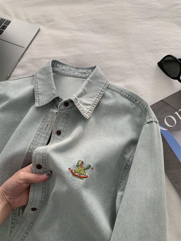 清新文藝紗 復古淺藍小馬刺繡翻領襯衫上衣 清新文藝紗 復古淺藍小馬刺繡翻領襯衫上衣