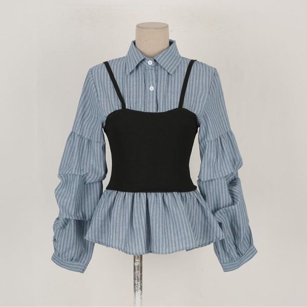 Korea 假兩件吊帶條紋襯衫上衣-2色 Korea 假兩件吊帶條紋襯衫上衣-2色