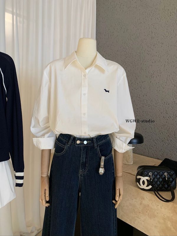 簡約小狗刺繡休閒氣質襯衫上衣 簡約小狗刺繡休閒氣質襯衫上衣