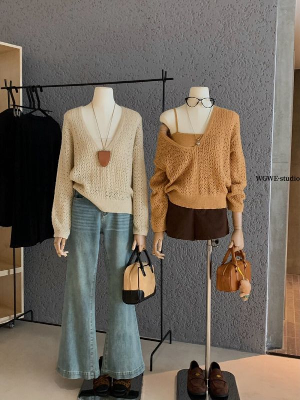 韓系鏤空V領針織罩衫+吊帶背心-2色 韓系鏤空V領針織罩衫+吊帶背心-2色