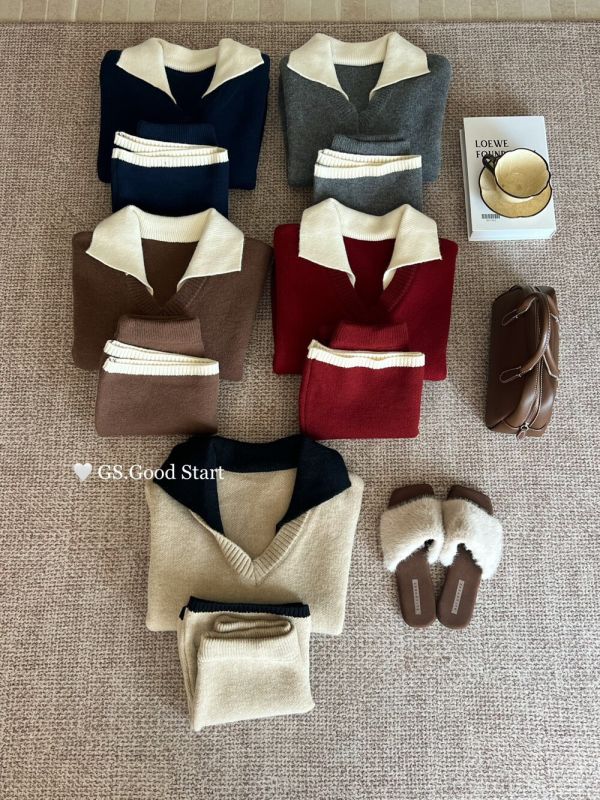 學院風撞色氣質針織衫+半身裙兩件套套裝-5色 學院風撞色氣質針織衫+半身裙兩件套套裝-5色