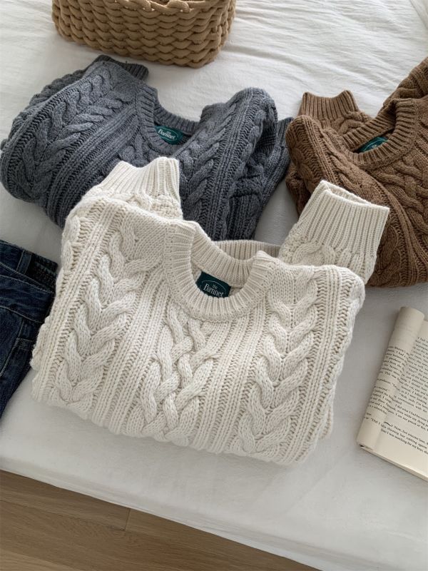 韓版粗針麻花加厚保暖羊毛針織上衣-3色 韓版粗針麻花加厚保暖羊毛針織上衣-3色