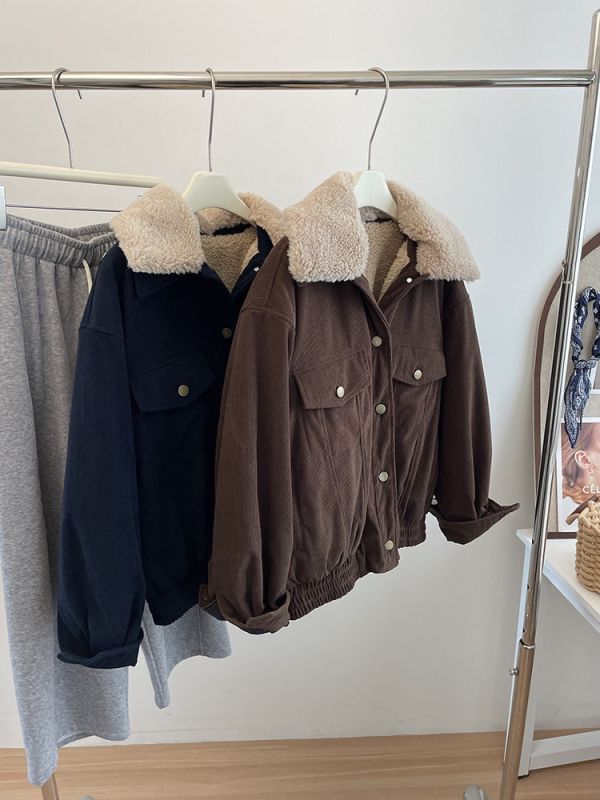 復古燈芯絨工裝短款外套 加厚羊羔毛保暖外套-2色 復古燈芯絨工裝短款外套 加厚羊羔毛保暖外套-2色