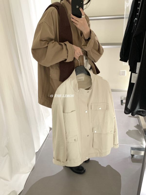 慵懶不費力 洗水綿立領夾克外套-2色 復古工裝單排扣立領夾克外套-2色