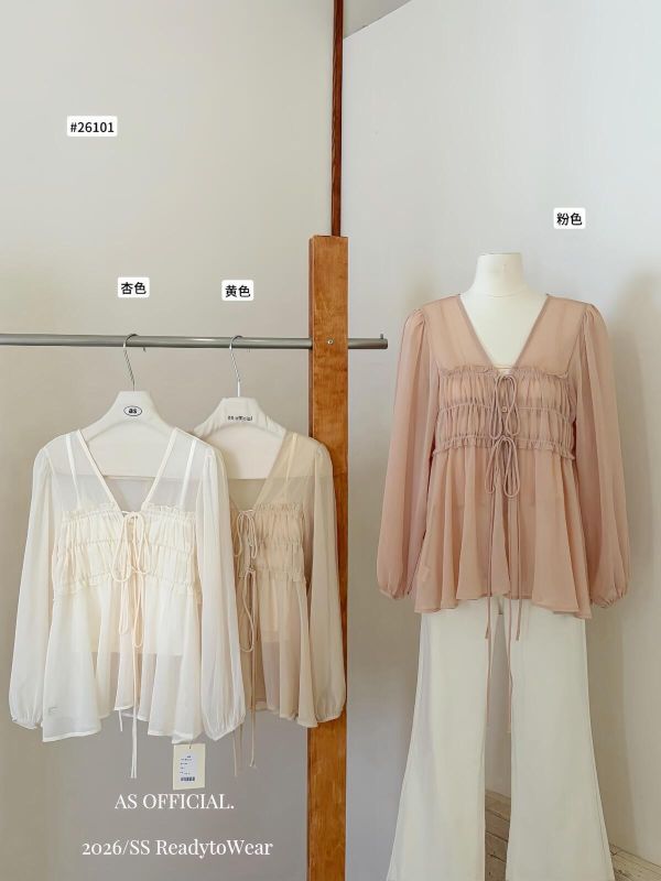 韓系褶皺領V繫帶+小背心兩件套-3色 韓系褶皺領V繫帶+小背心兩件套-3色