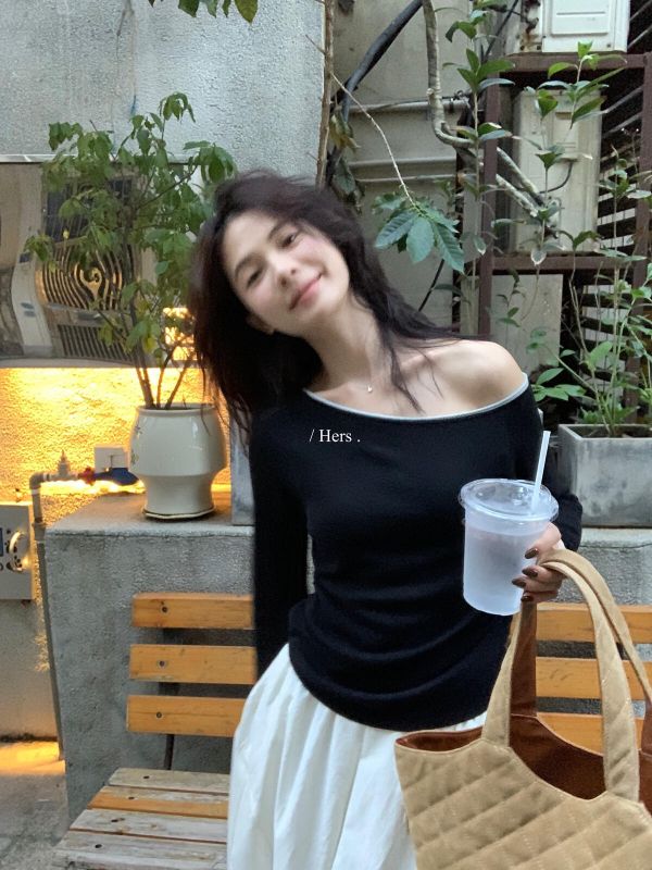 小心機撞色氣質設計感斜肩針織衫-3色 小心機撞色氣質設計感斜肩針織衫-3色
