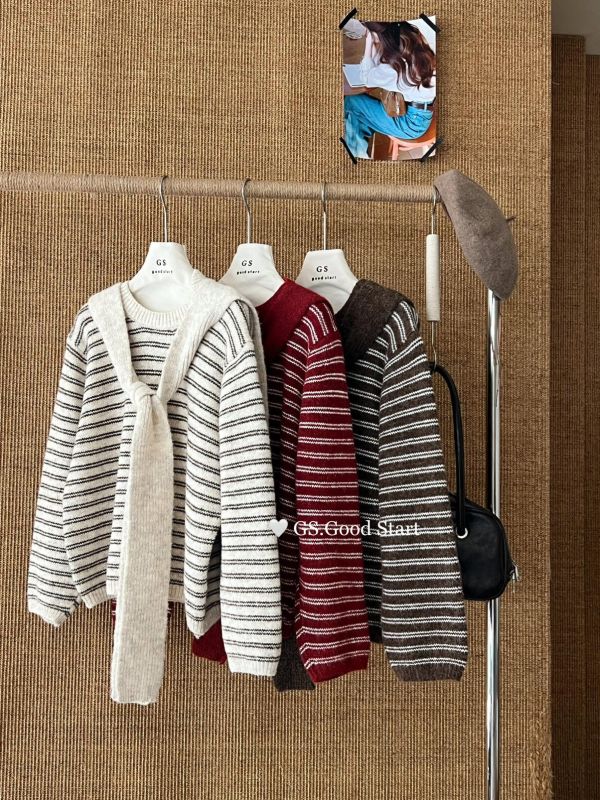 韓系條紋撞色針織衫（配披肩）-3色 韓系條紋撞色針織衫（配披肩）-3色