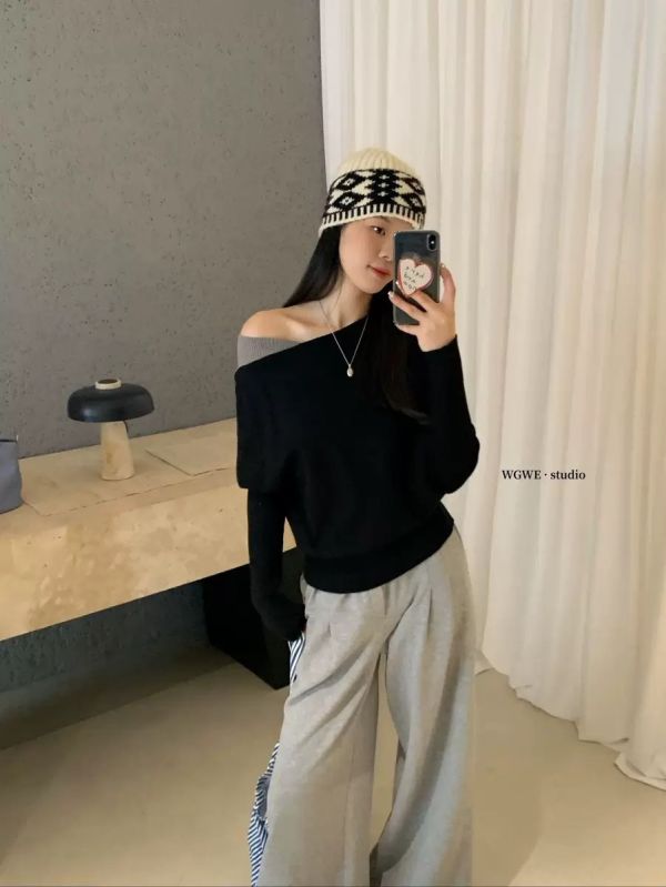 溫柔百搭顯瘦斜肩撞色針織上衣-4色 溫柔百搭顯瘦斜肩撞色針織上衣-4色