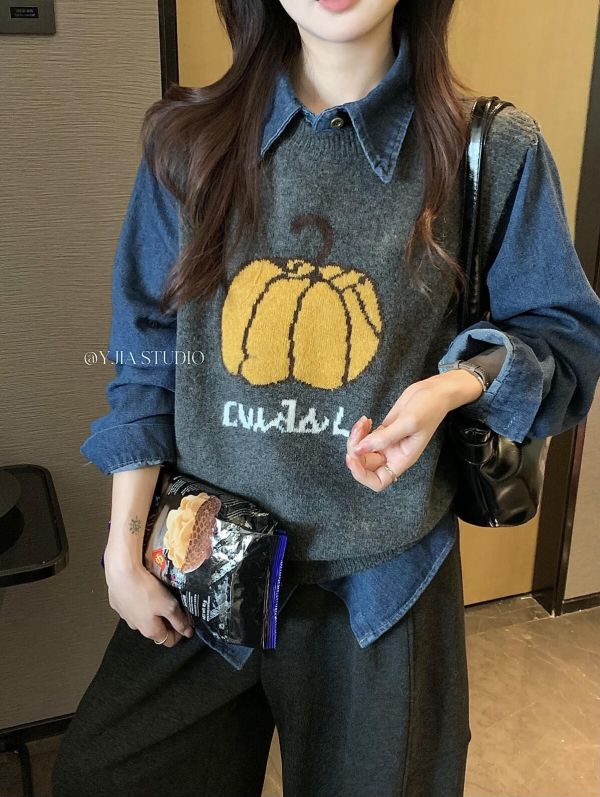 韓系疊穿背心+寬鬆休閒牛仔襯衫兩件套-4樣式 韓系疊穿背心+寬鬆休閒牛仔襯衫兩件套-4樣式