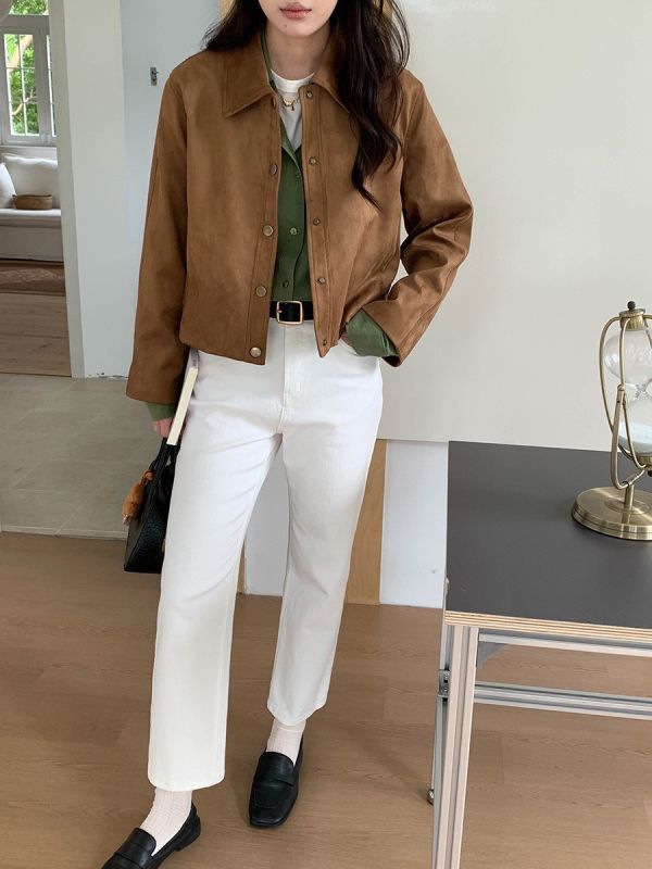 復古仿麂皮絨翻領顯瘦短款外套 復古仿麂皮絨翻領顯瘦短款外套