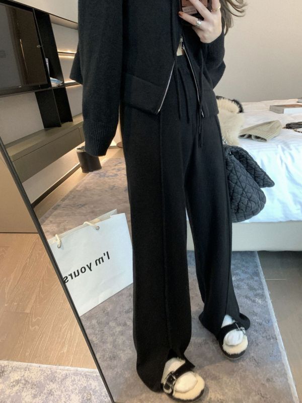 寬鬆連帽針織開衫+闊腿褲休閒套裝-3色 寬鬆連帽針織開衫+闊腿褲休閒套裝-3色