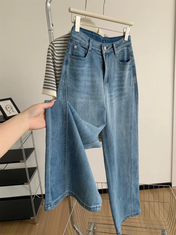 設計感拼接闊腿彎刀褲高腰顯瘦牛仔 設計感拼接闊腿彎刀褲高腰顯瘦牛仔