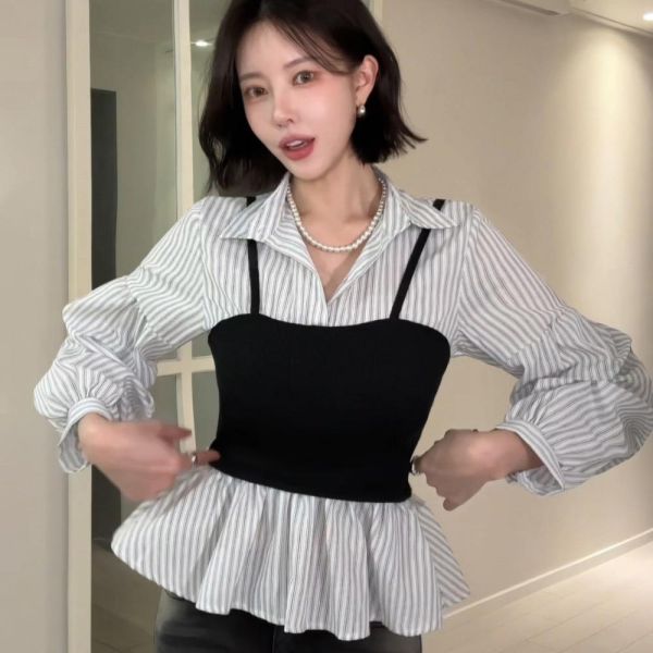Korea 假兩件吊帶條紋襯衫上衣-2色 Korea 假兩件吊帶條紋襯衫上衣-2色