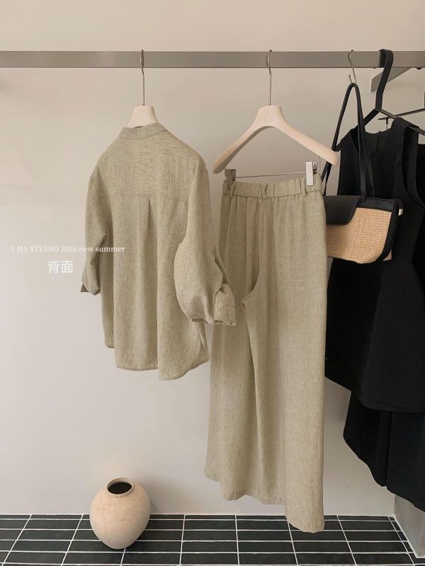 老錢亞麻百搭襯衫+寬鬆闊腿褲鬆弛感兩件套裝 老錢亞麻百搭襯衫+闊腿褲兩件套