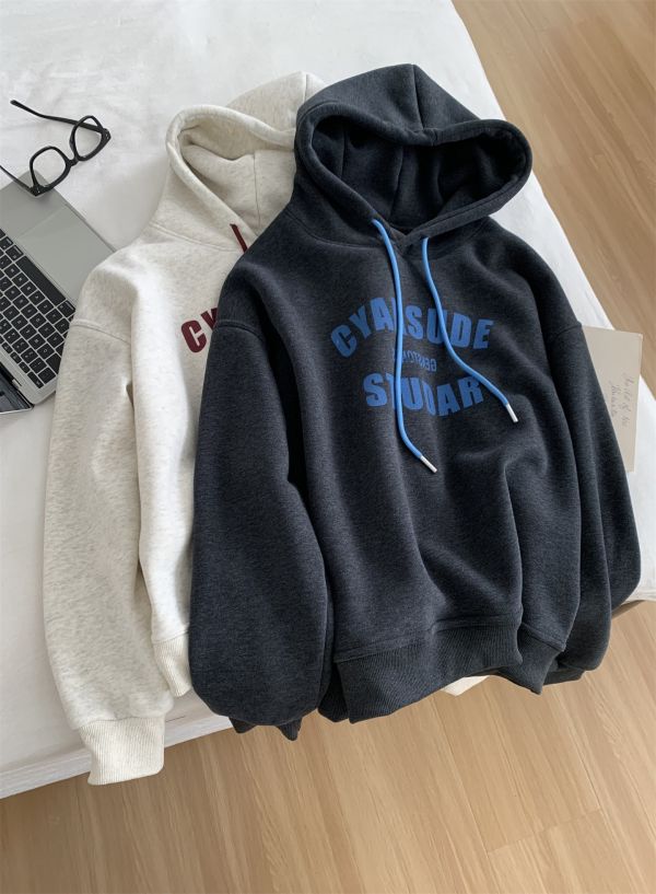 重磅加絨美式字母套頭鬆弛感連帽上衣-3色 重磅加絨美式字母套頭鬆弛感連帽上衣-3色