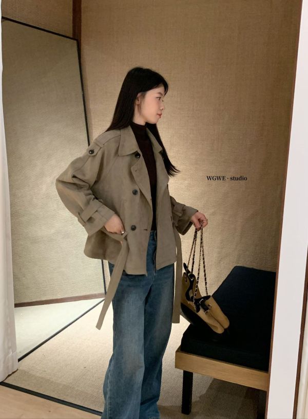 美式復古麂皮絨雙排扣綁帶翻領外套 美式復古麂皮絨雙排扣綁帶翻領外套