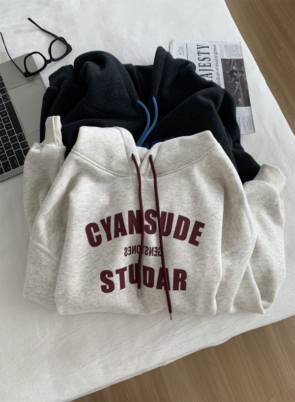 重磅加絨美式字母套頭鬆弛感連帽上衣-3色 重磅加絨美式字母套頭鬆弛感連帽上衣-3色