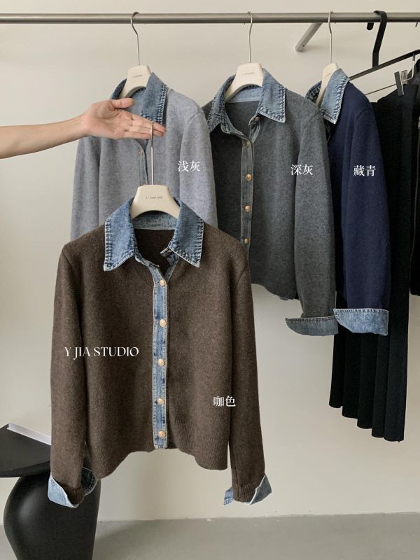 假兩件牛仔拼接翻領撞色針織上衣-4色 假兩件牛仔拼接翻領撞色針織上衣-4色