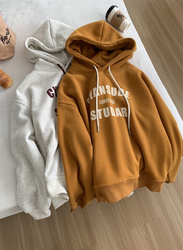 重磅加絨美式字母套頭鬆弛感連帽上衣-3色 重磅加絨美式字母套頭鬆弛感連帽上衣-3色