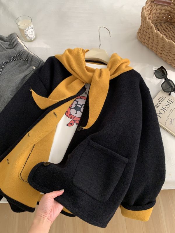 設計感洋氣復古韓國絨圓領鈕扣 真兩件雙面絨開衫外套-2色 設計感洋氣復古韓國絨圓領鈕扣 真兩件雙面絨開衫外套-2色