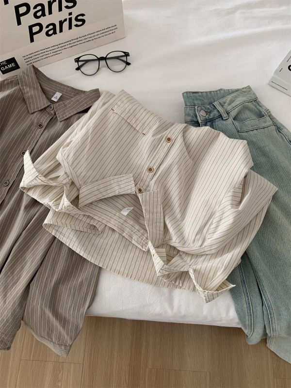文藝小清新豎條紋單穿疊穿襯衫上衣-2色 文藝小清新豎條紋單穿疊穿襯衫上衣-2色