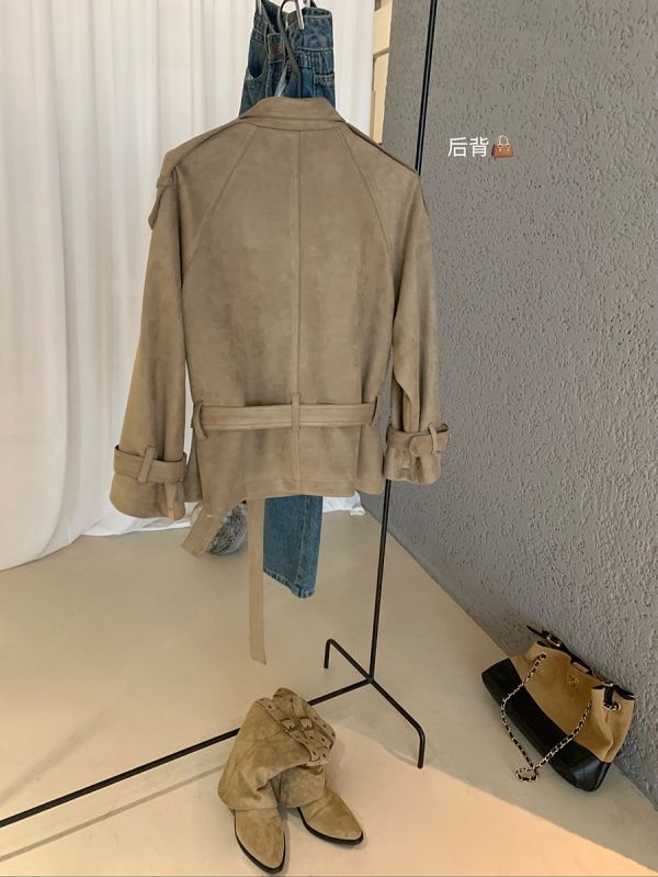 美式復古麂皮絨雙排扣綁帶翻領外套 美式復古麂皮絨雙排扣綁帶翻領外套