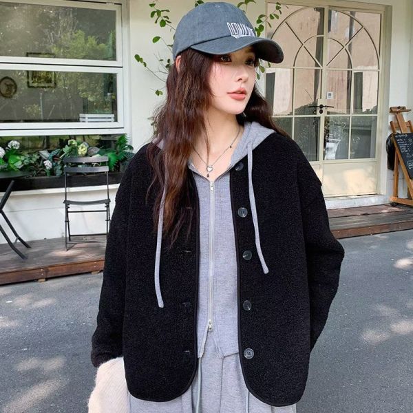 韓系仿羊羔絨圓領輕盈開衫外套-3色 韓系仿羊羔絨圓領輕盈開衫外套-3色