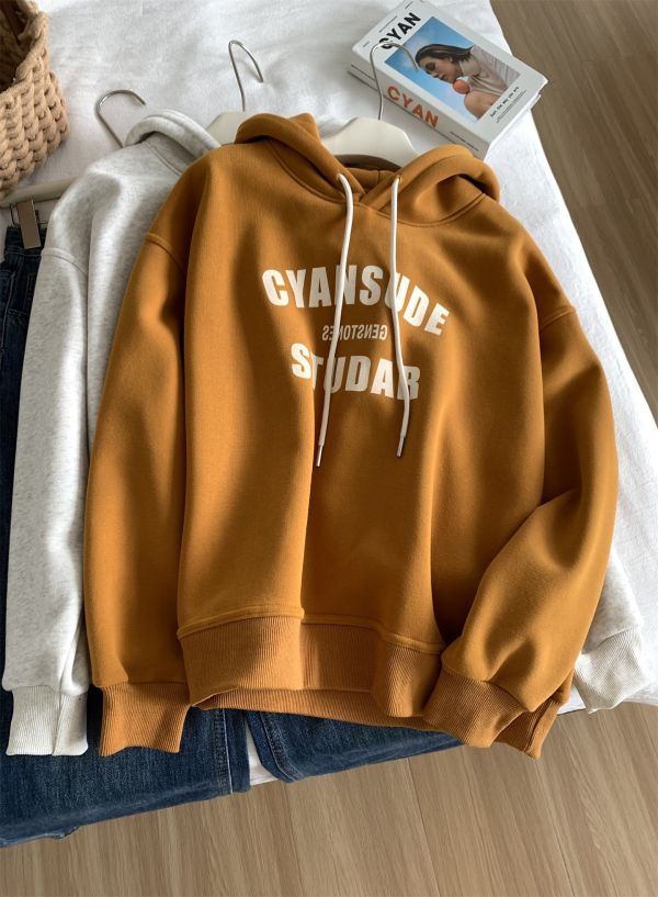 重磅加絨美式字母套頭鬆弛感連帽上衣-3色 重磅加絨美式字母套頭鬆弛感連帽上衣-3色