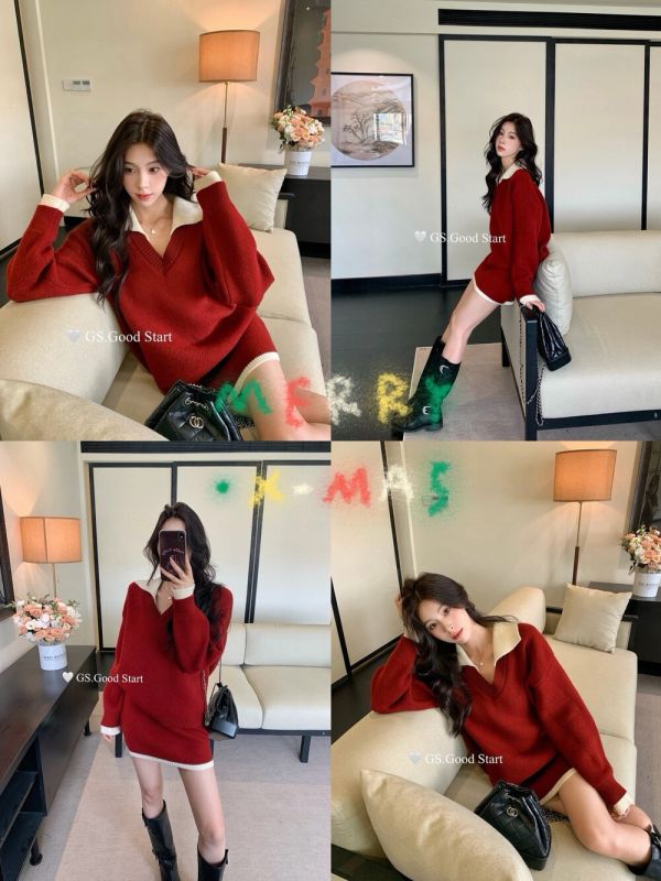 學院風撞色氣質針織衫+半身裙兩件套套裝-5色 學院風撞色氣質針織衫+半身裙兩件套套裝-5色